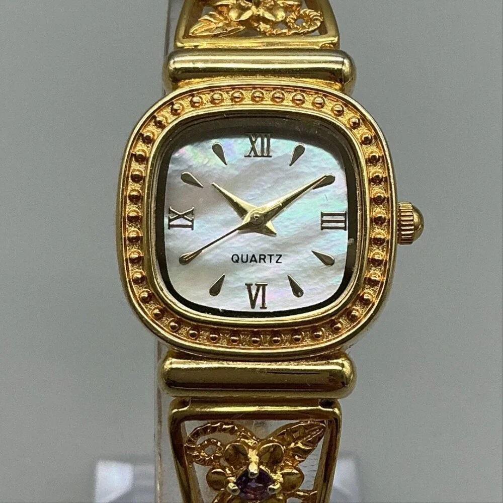 Womens Watch 22mm MOP Gold Tone Floral Dress Expansion Bracelet New Battery